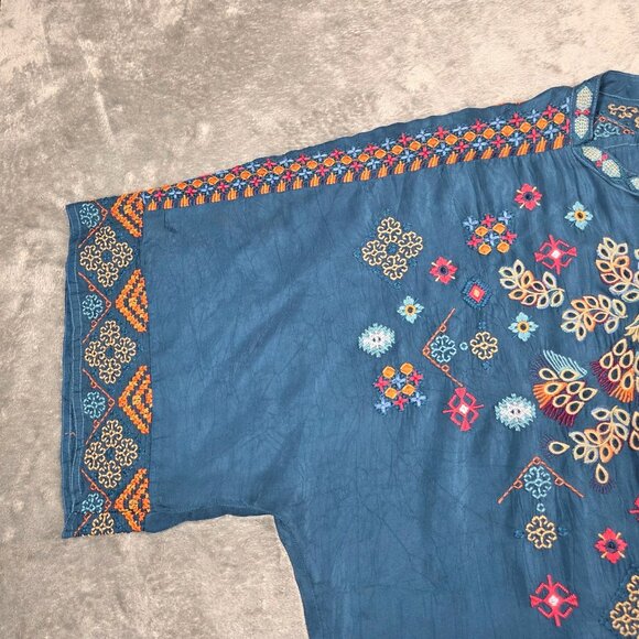 Johnny Was Top Womens M Blue Brony Embroidered Blouse Peacock Boho - Picture 7 of 11